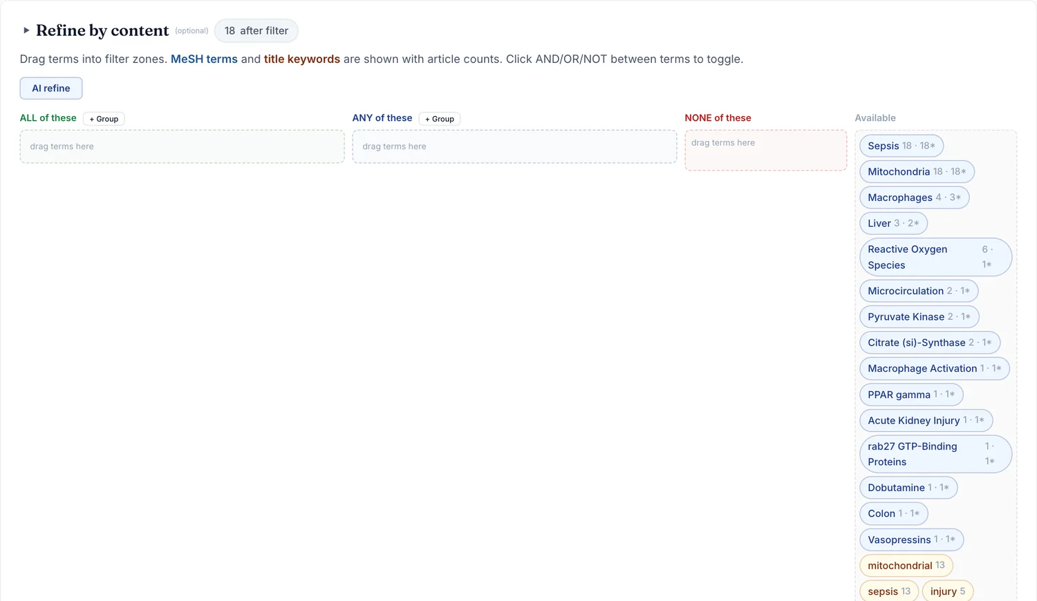Screenshot: refine results by MeSH terms and keywords