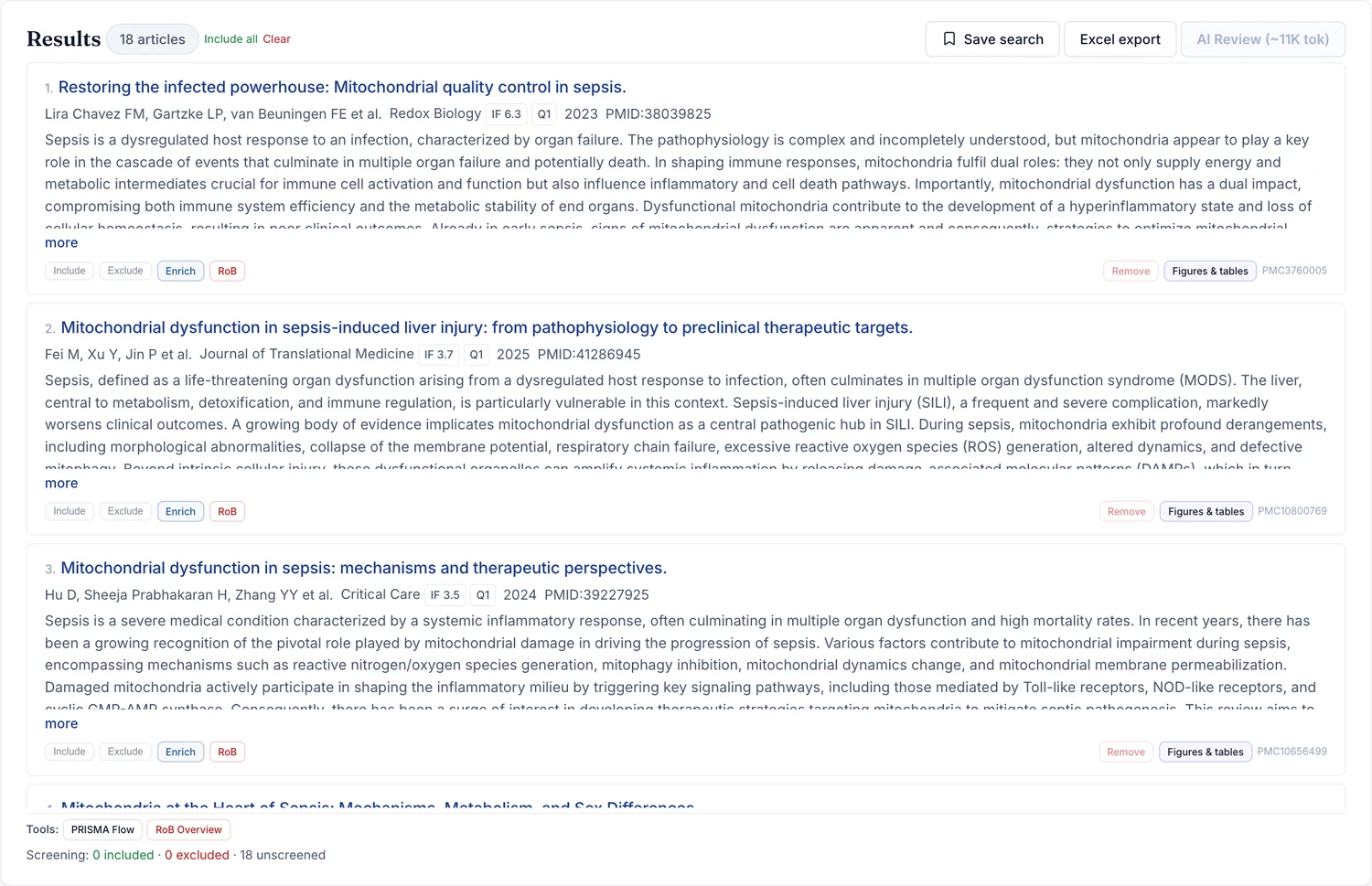 Screenshot: browsing and screening results