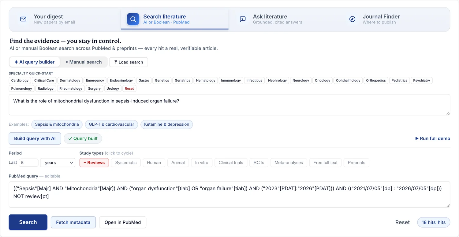 Screenshot: building a PubMed search in EvidenceScope